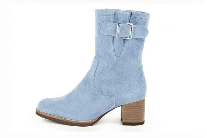 Classic leather ankle boots featuring adjustable side buckles and sleek hardware for secure support and timeless everyday style, in sky blue leather with round toe and mid block heel - Florence KOOIJMAN